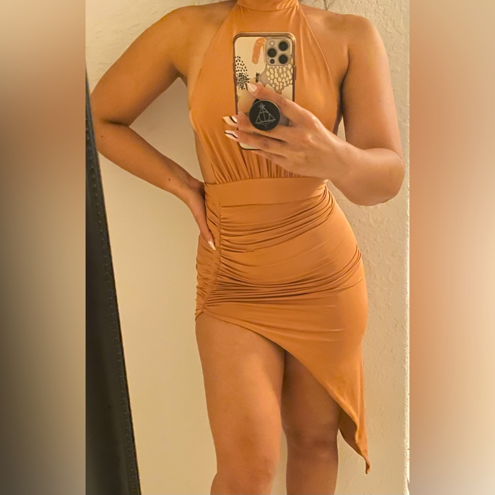 Oh Polly asymmetrical high low ruched dress in camel